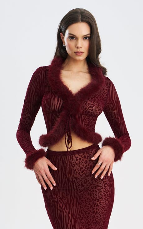 Halii Burnout Velvet Mesh Fur Trim Top