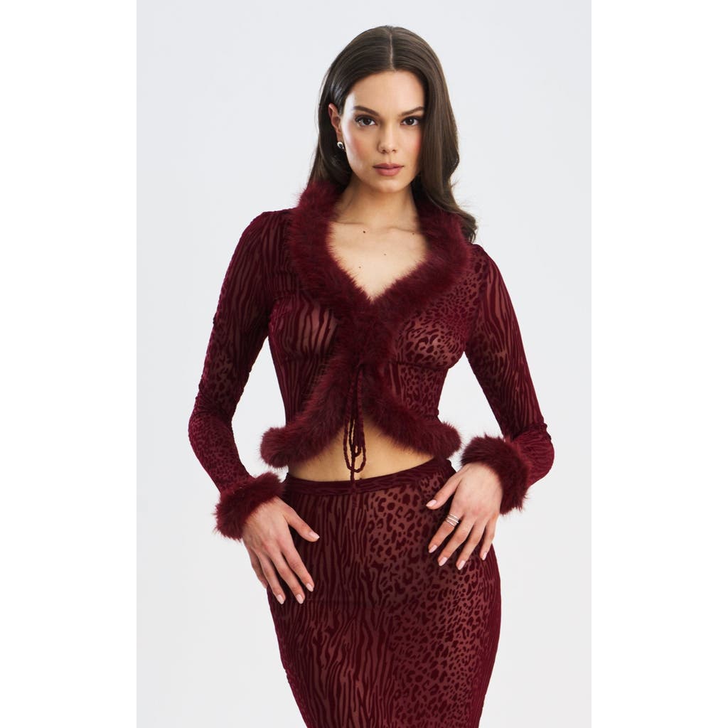 Miss Circle Halii Burnout Velvet Mesh Fur Trim Top In Burgundy