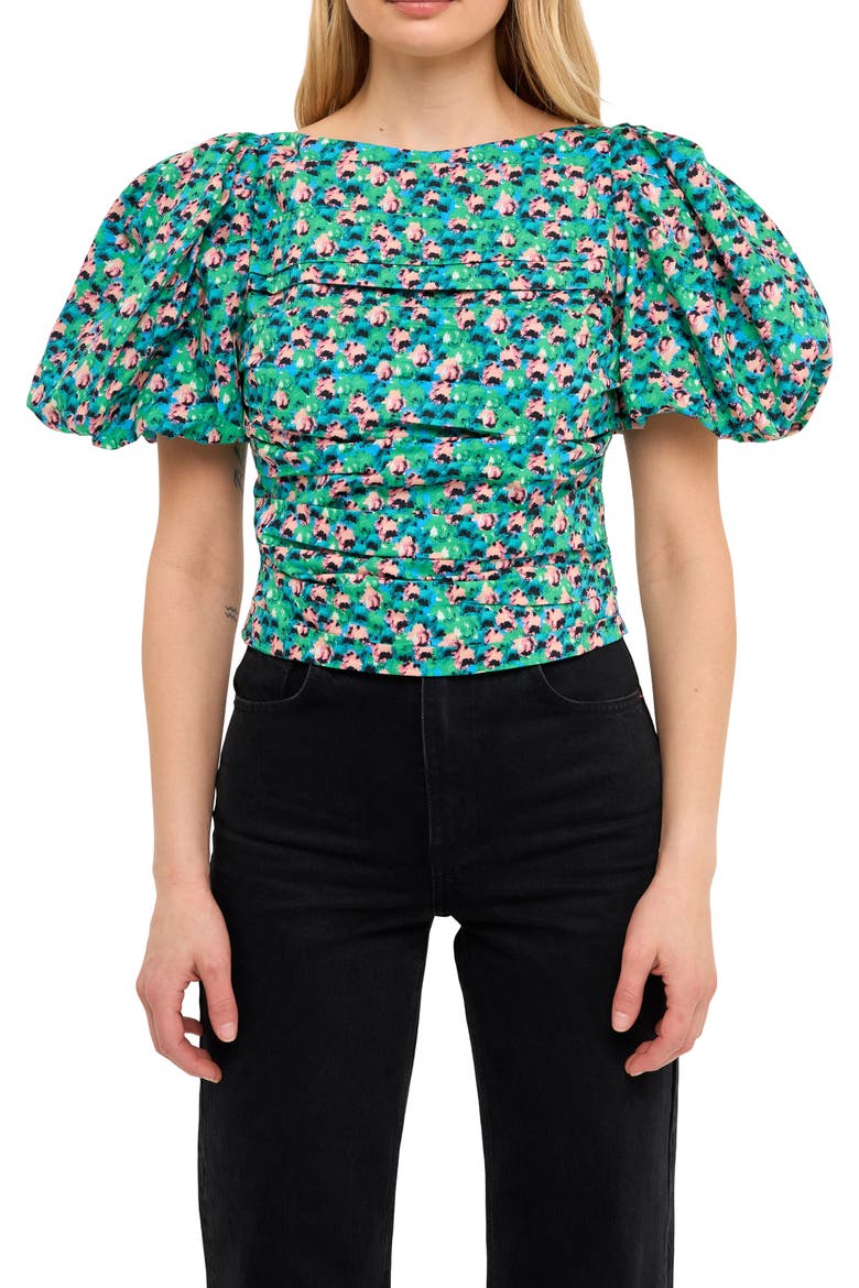 Floral Print Gathered Puff Sleeve Cotton Poplin Blouse, Main, color, AQUA MULTI