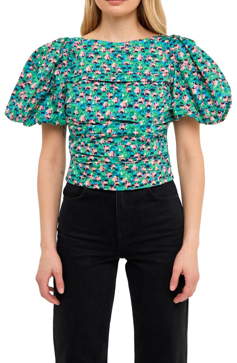 Endless Rose Floral Print Gathered Puff Sleeve Cotton Poplin Blouse, Main, color, Aqua Multi