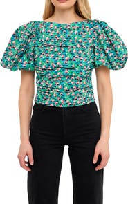 Endless Rose Floral Print Gathered Puff Sleeve Cotton Poplin Blouse