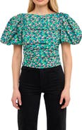 Endless Rose Floral Print Gathered Puff Sleeve Cotton Poplin Blouse