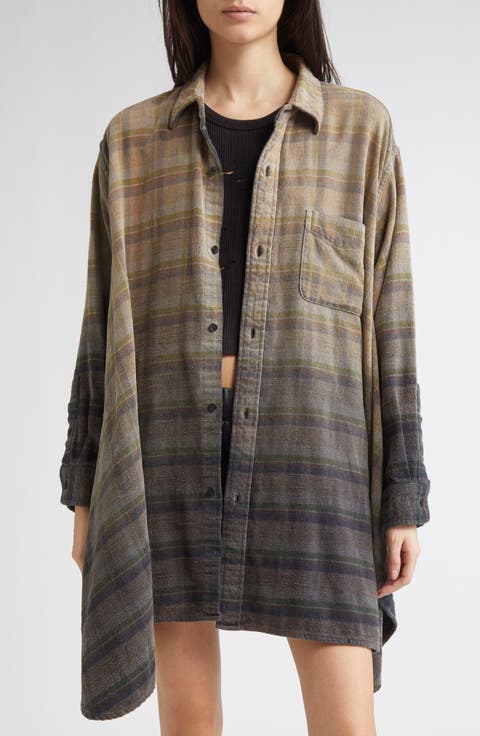 Draped Front Plaid Flannel Button-Up Shirt