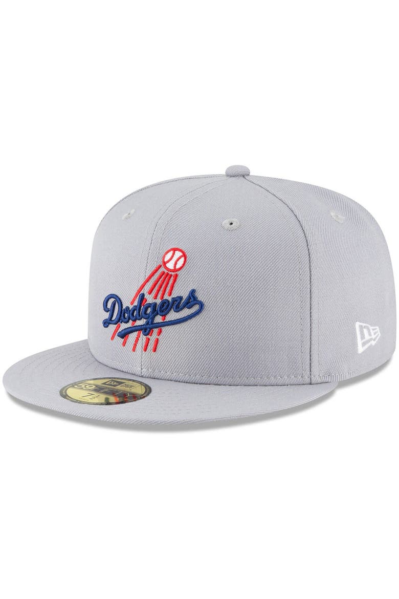 Men's New Era Gray Los Angeles Dodgers Cooperstown Collection Logo 59FIFTY Fitted Hat, Main, color, Gray