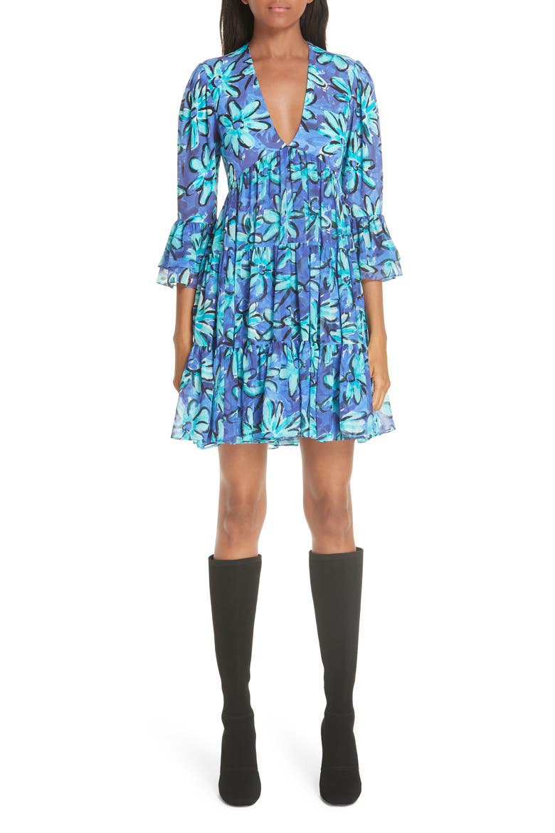 Daisy Print Tiered Silk Georgette Minidress, Main, color, TURQUOISE MULTI