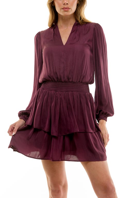 Socialite Long Sleeve Tiered Minidress In Burgundy