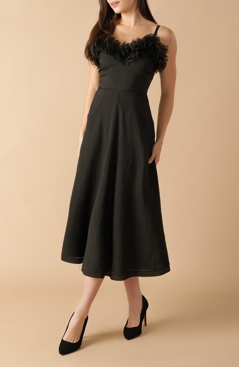 FLYING TOMATO Ruffle Midi Fit & Flare Dress, Alternate, color, Black