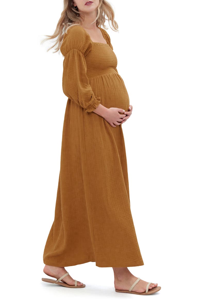 Ingrid & Isabel® Smocked Long Sleeve Maternity Maxi Dress, Alternate, color, GOLDEN BROWN