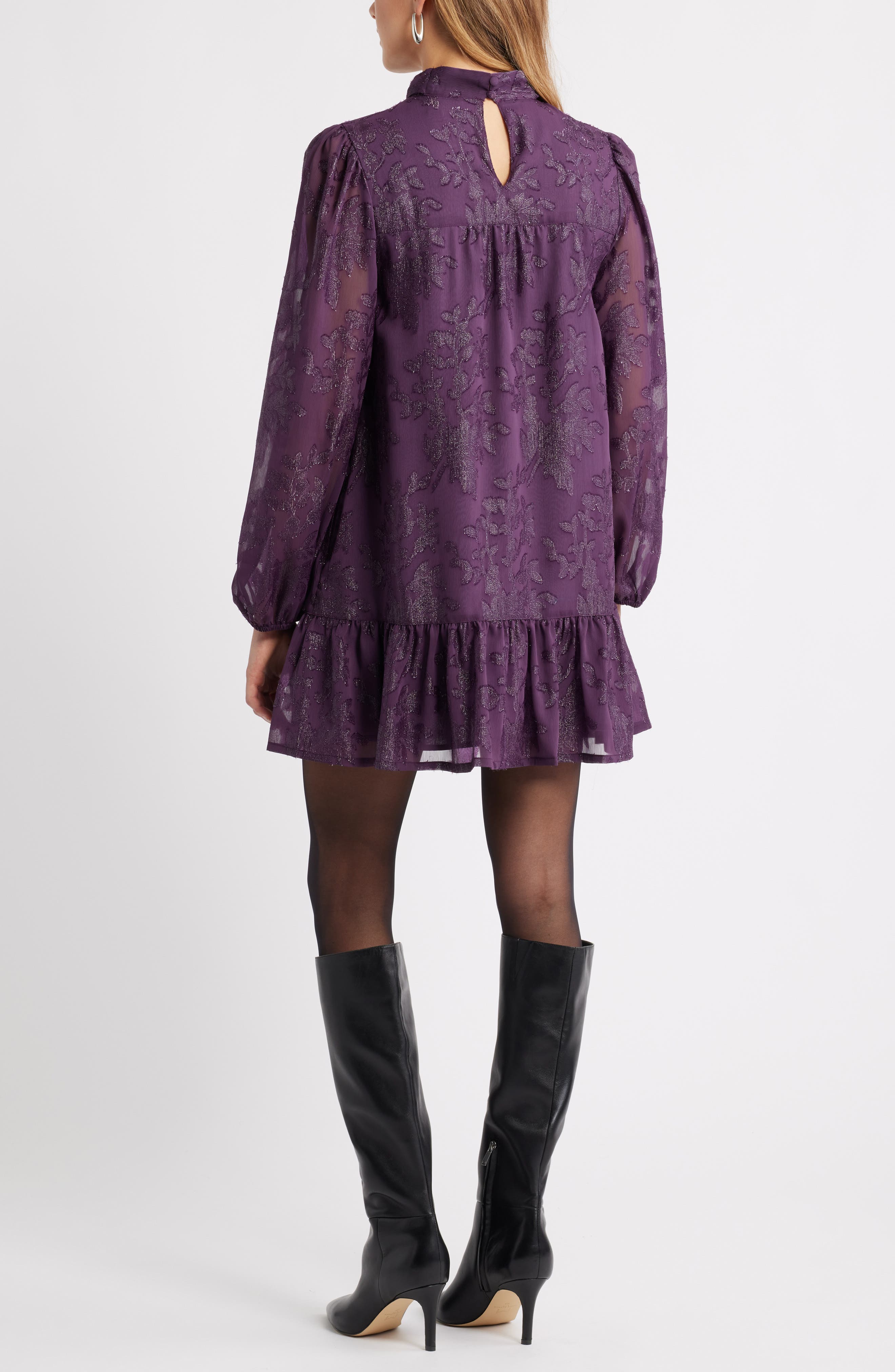 Metallic Floral Jacquard Long Sleeve Shift Minidress - image 4