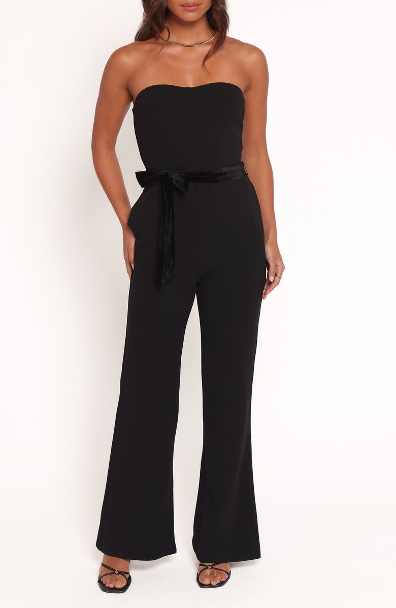 Petal & Pup Cameron Surplice Long Sleeve Satin Jumpsuit, Main, color, Black