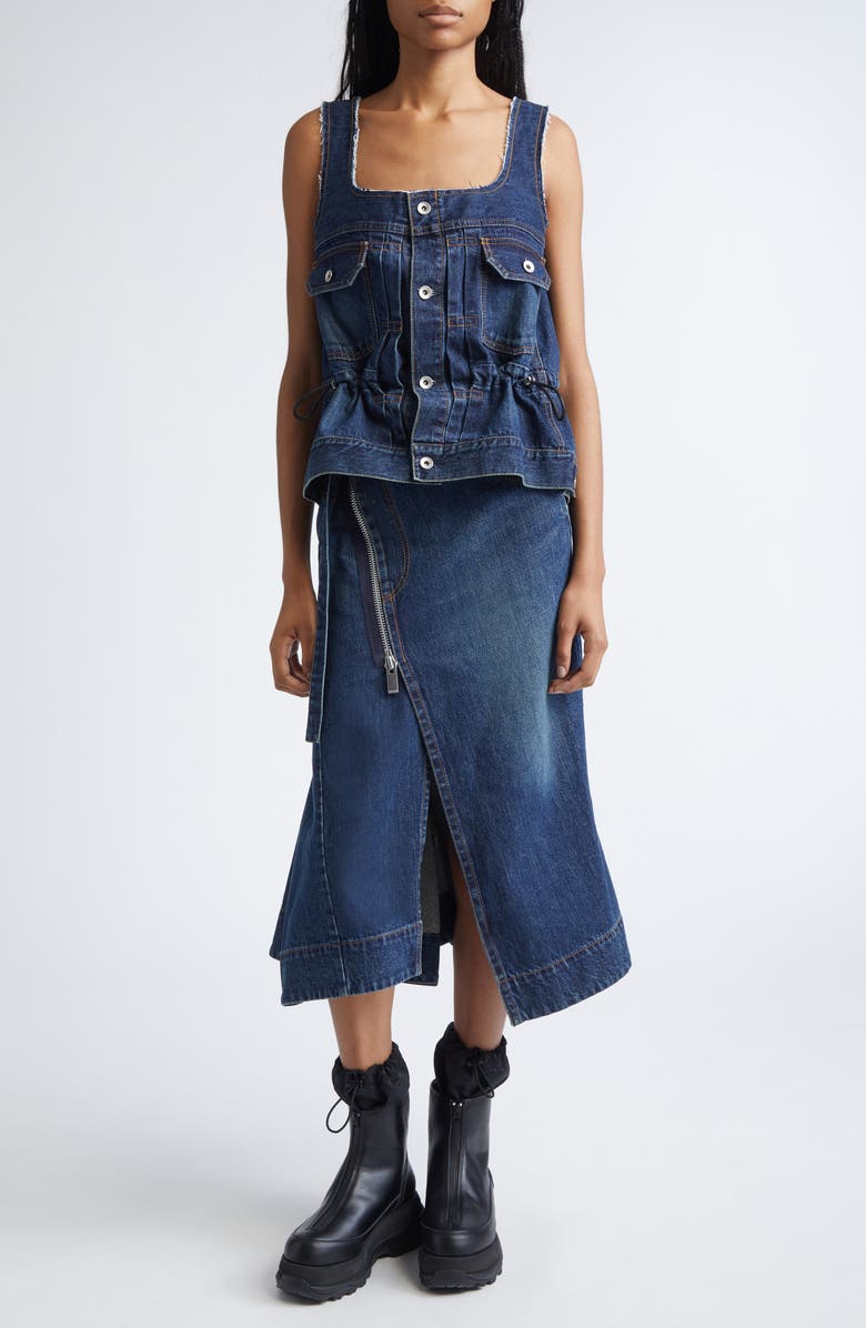 Sacai Belted Denim Midi Skirt, Alternate, color, Blue
