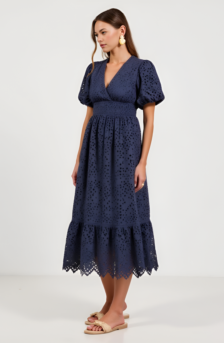 Modenaire Puff-Sleeve Eyelet Midi Dress, Alternate, color, Navy