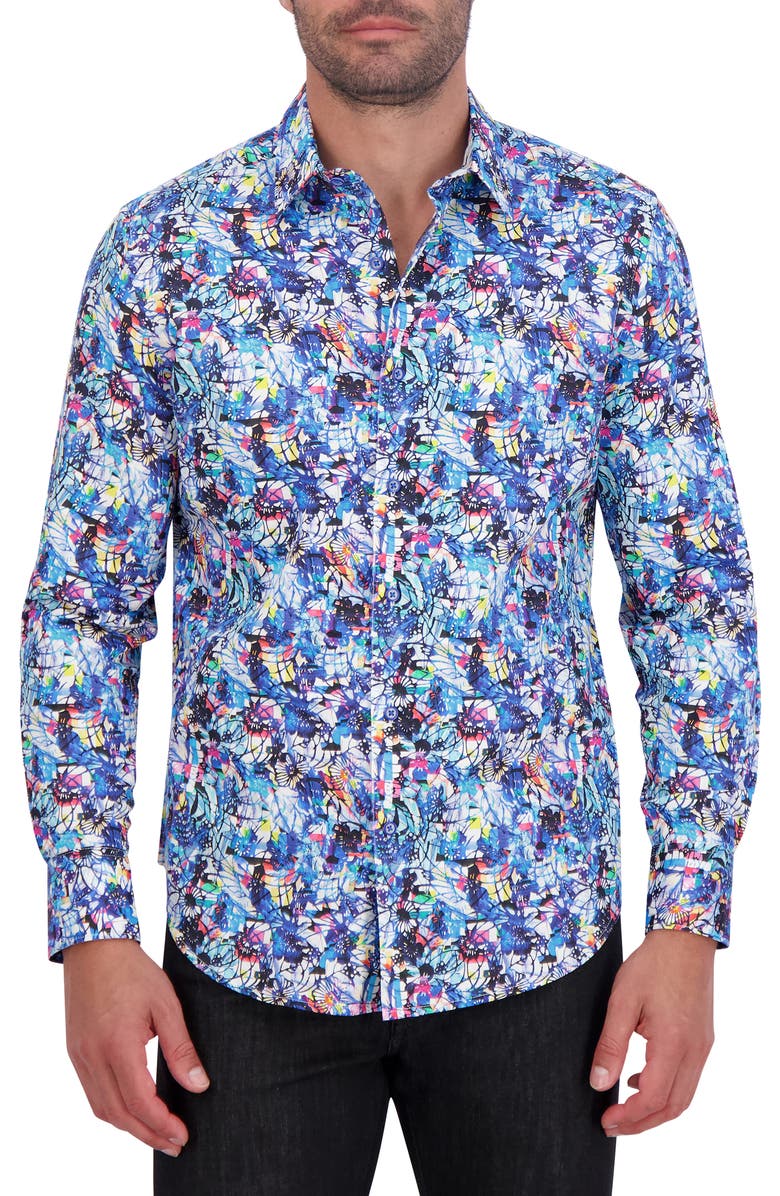 Robert Graham Abstract Floral Print Cotton Button-Up Shirt, Main, color, Blue Multi