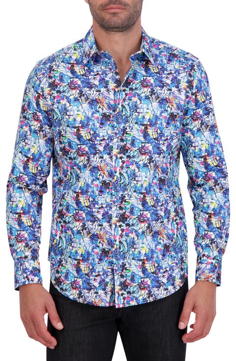 Abstract Floral Print Cotton Button-Up Shirt