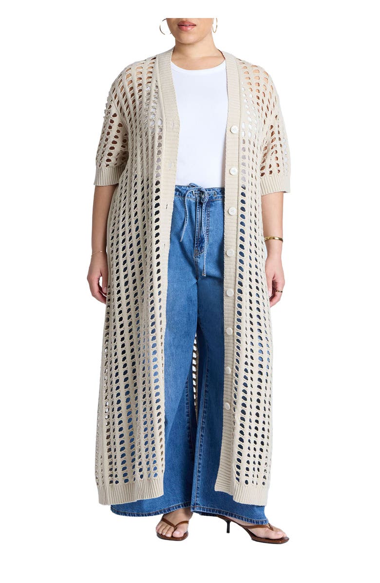 ELOQUII Open Stitch Cardigan Duster, Main, color, Oyster Gray