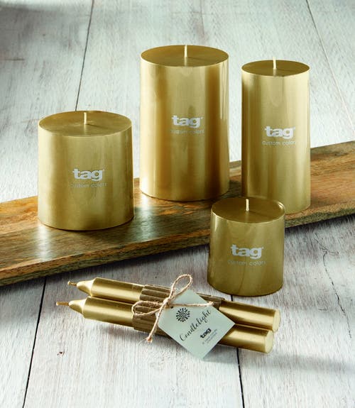 Tag Gold Metallic Pillar Candle Unscented Long Burning Home Decor In Gold