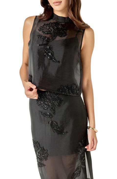 Beaded Sheer Mock Neck Top
