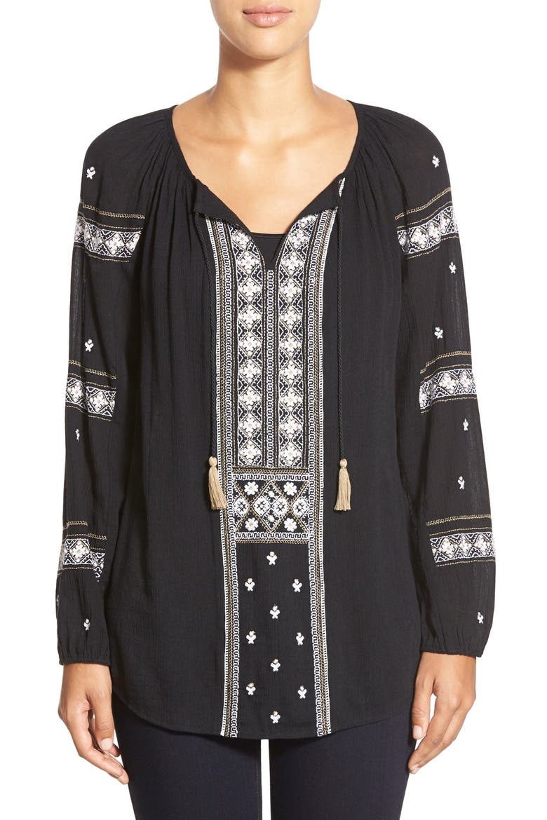 Embroidered Peasant Tunic Top, Main, color, BLACK- IVORY EMBROIDERY