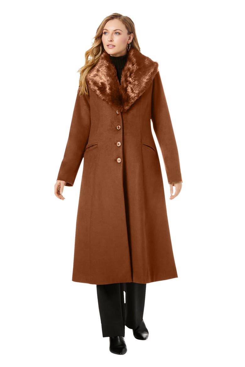 Long Wool-Blend Coat With Faux Fur Collar, Main, color, COGNAC