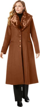 Jessica London Long Wool-Blend Coat With Faux Fur Collar