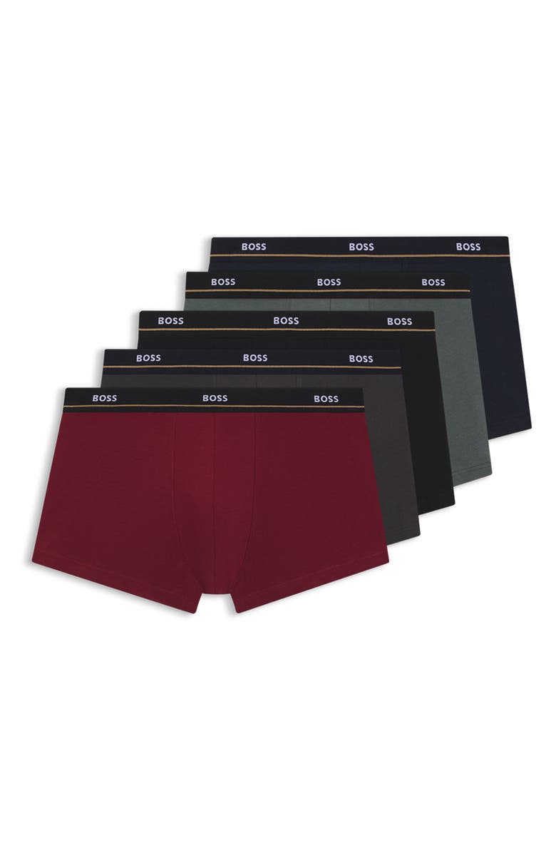 BOSS Assorted 5-Pack Essential Stretch Cotton Trunks, Alternate, color, Black/ Red/ Grey/ Navy