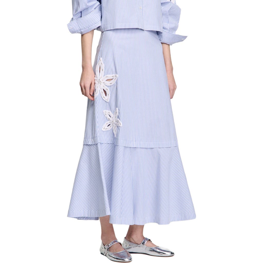 Sandro Cotton-blend Stripe Midi Skirt In Sky Blue