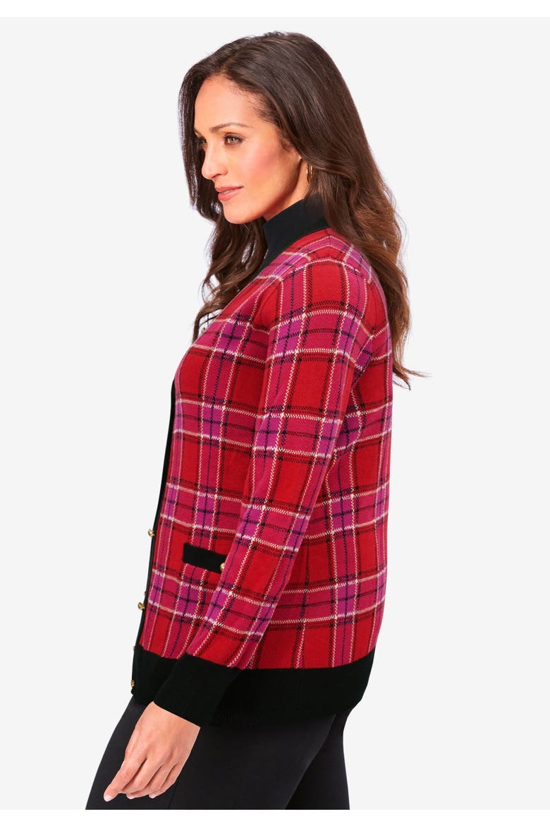 V Neck Cardigan Sweater, Alternate, color, EMERALD BLACKWATCH PLAID