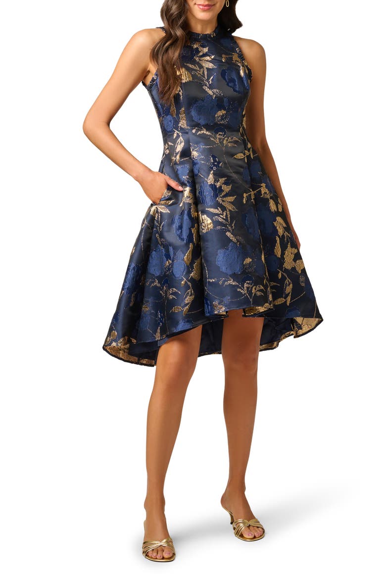 Jacquard Ruffle Sleeveless Cocktail Dress, Main, color, NAVY/ GOLD