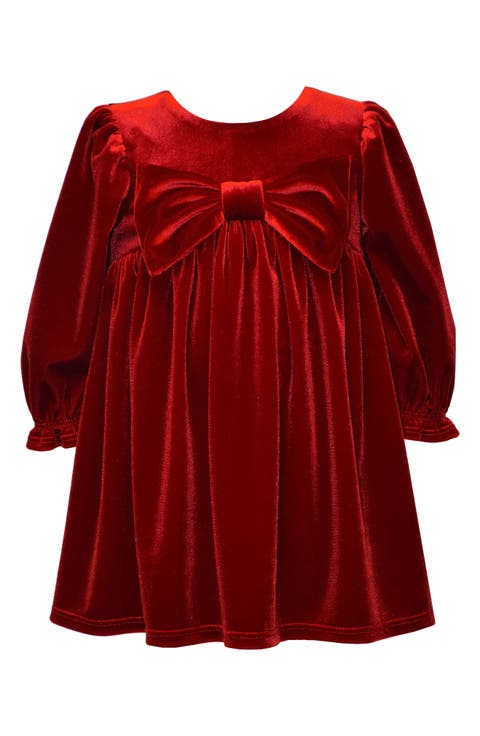Bow Long Sleeve Stretch Velvet Party Dress (Baby)