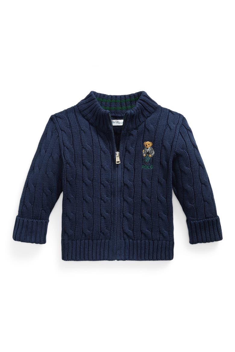 Kids' Polo Bear Cable Knit Full Zip Cotton Sweater, Main, color, REFINED NAVY