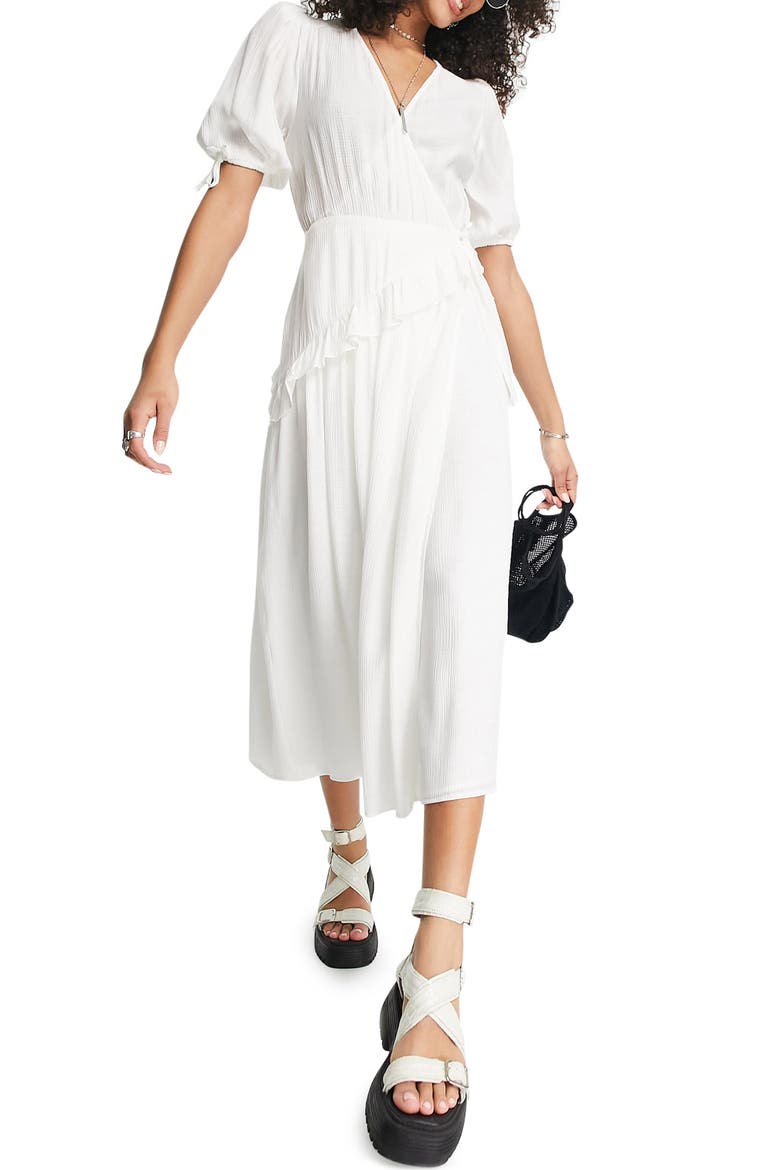 Crinkle Texture Wrap Front Dress, Main, color, IVORY