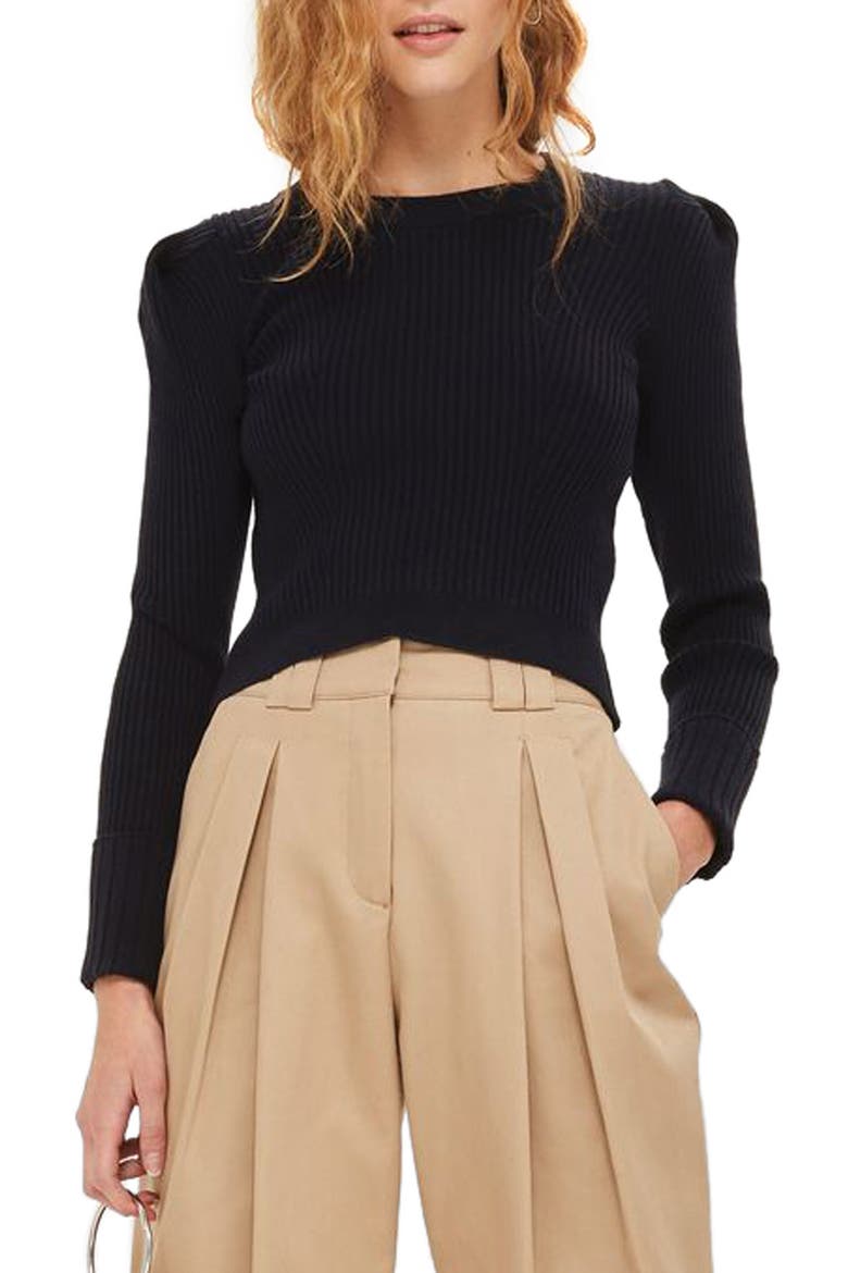 Puff Sleeve Ribbed Sweater, Main, color, NAVY BLUE