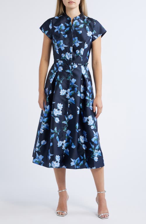 Sachin & Babi Martine Floral Print Belted Midi Dress in Night Sky Venetian Petal 