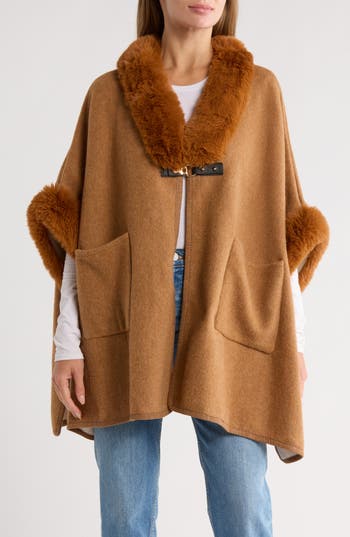 Nanette Lepore Faux Fur Trim Ruana In Brown