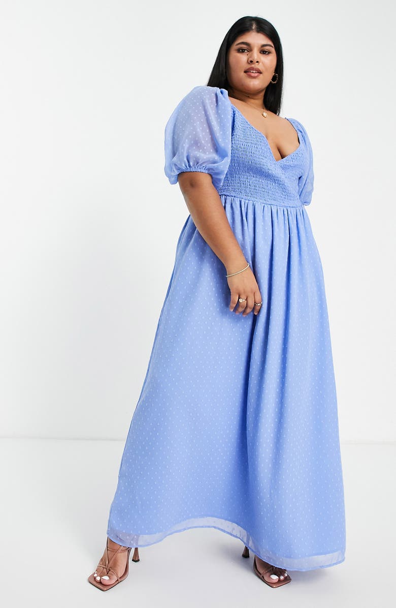 ASOS DESIGN Swiss Dot Smocked Bodice Chiffon Maxi Dress, Alternate, color, 