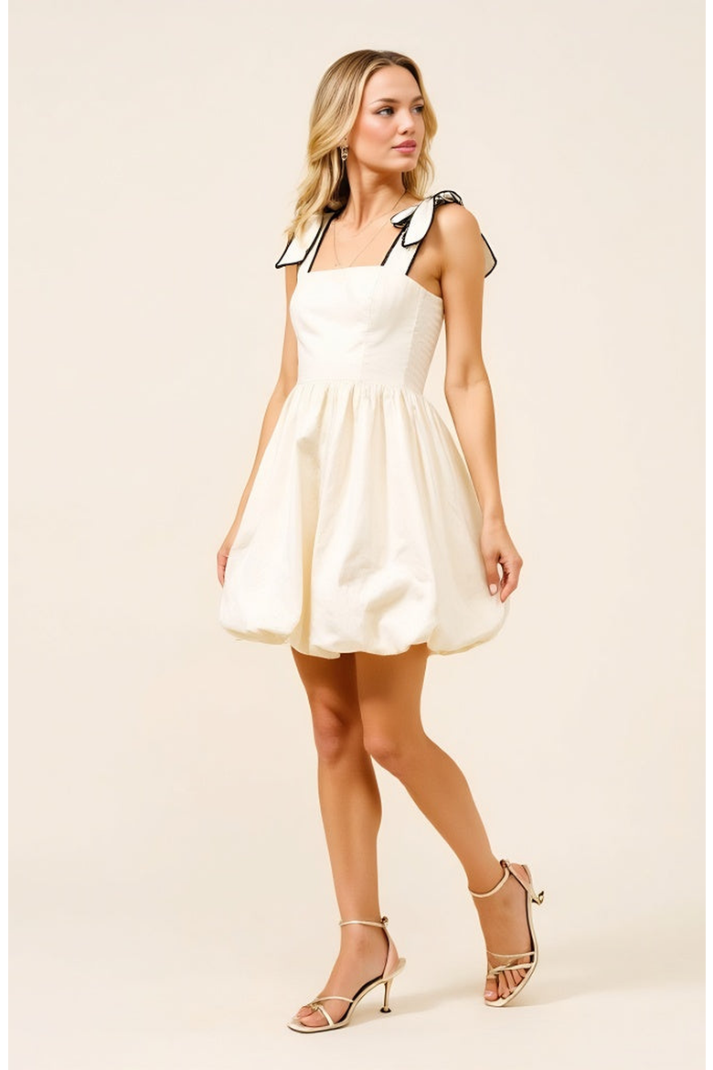 Bow Strap Bubble Hem Mini Dress with Square Neckline Detail, Alternate, color, Off-white / Cream