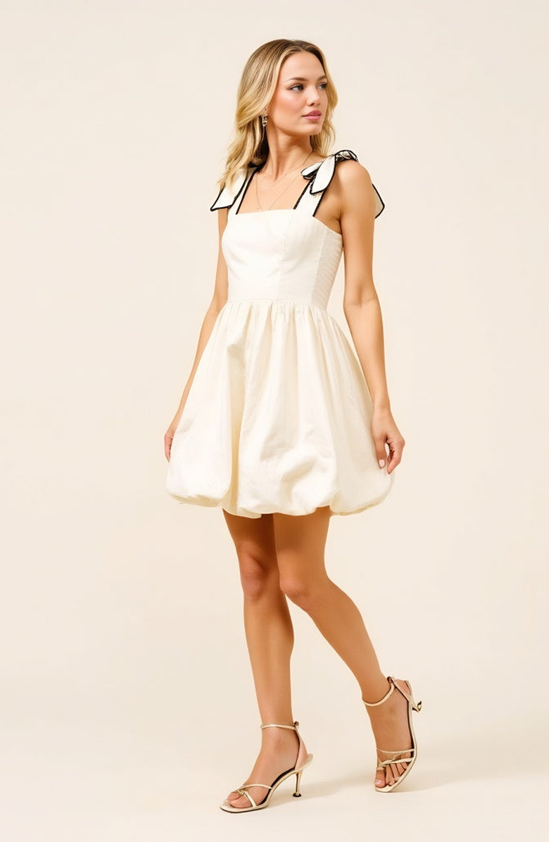 Modenaire Bow Strap Bubble Hem Mini Dress with Square Neckline Detail, Alternate, color, Off-White / Cream