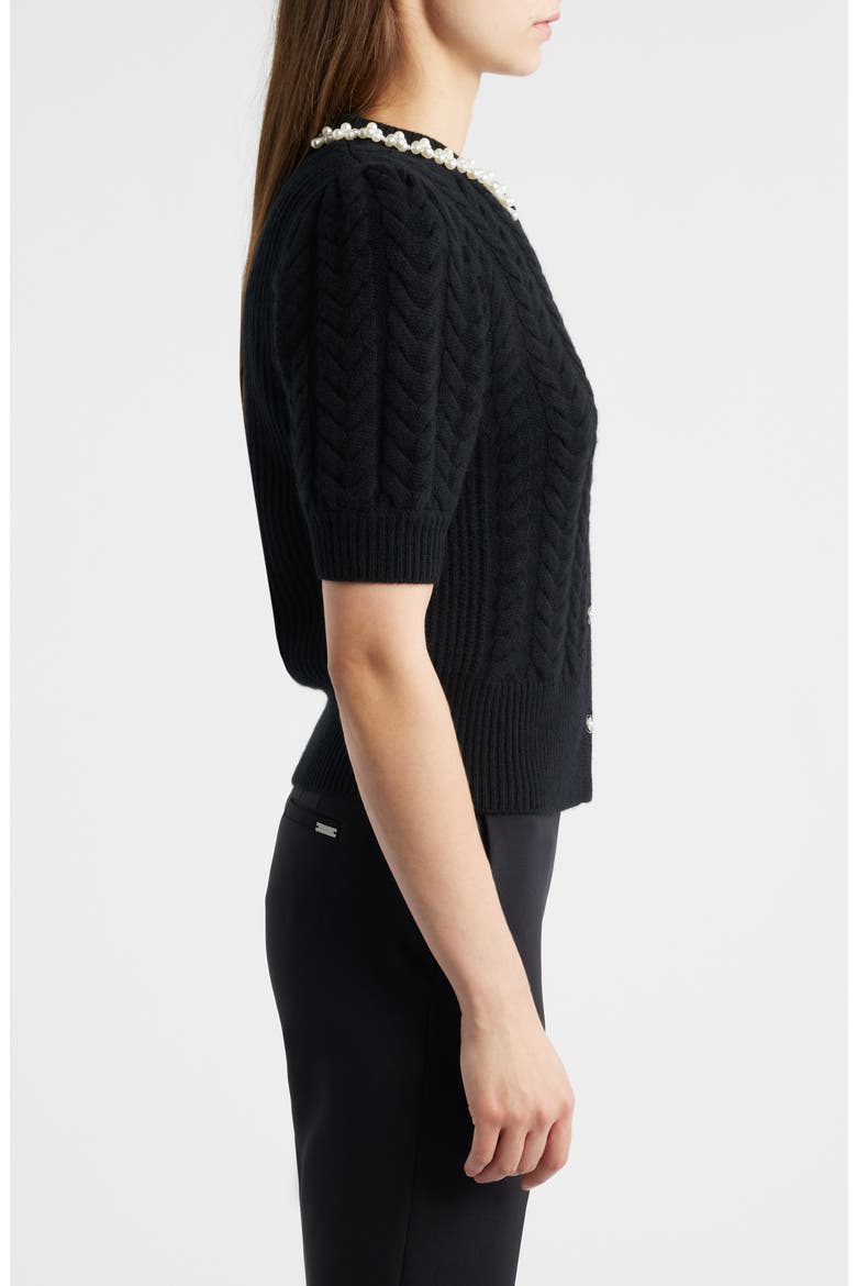 Ella Embellished Neck Short Sleeve Cable Cardigan, Alternate, color, NOIR