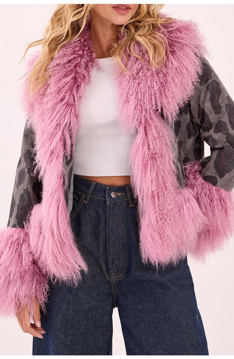 NASTY GAL Printed Shearling Leather Jacket, Alternate, color, Charcoal