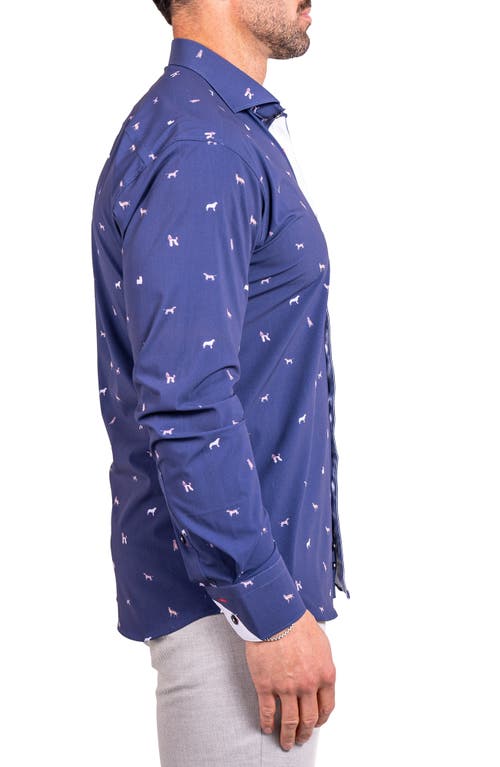 Maceoo Einstein Stretch Ascension 0205 Dog Print Contemporary Fit Button-up Shirt In Blue