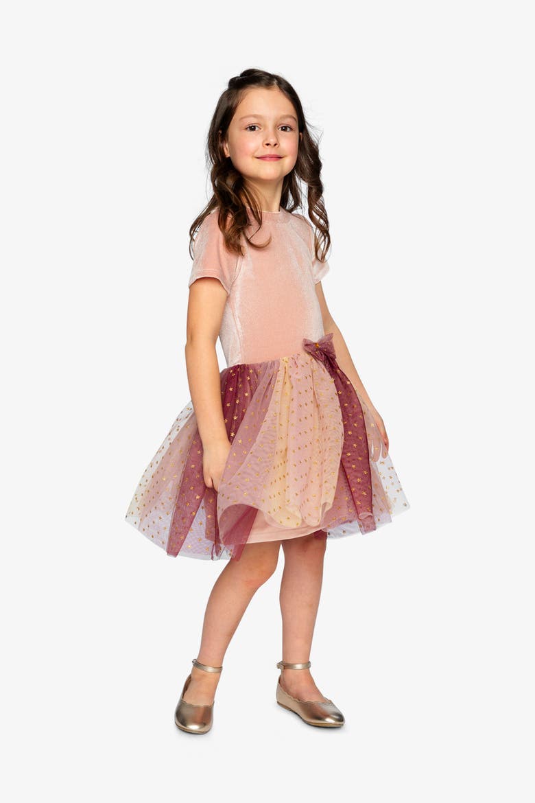 Bi-Material Bow Belt Star Mesh Dress, Alternate, color, Pink