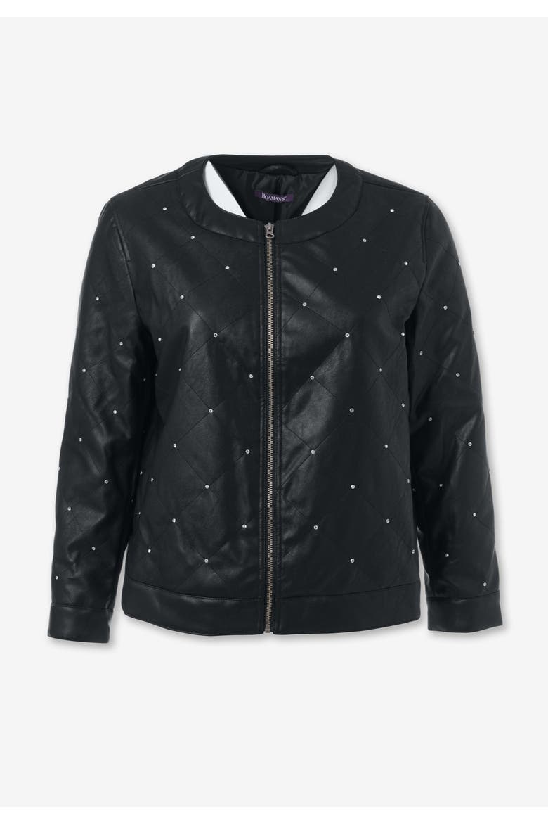 Plus Size Studded Faux Leather Bomber, Alternate, color, BLACK