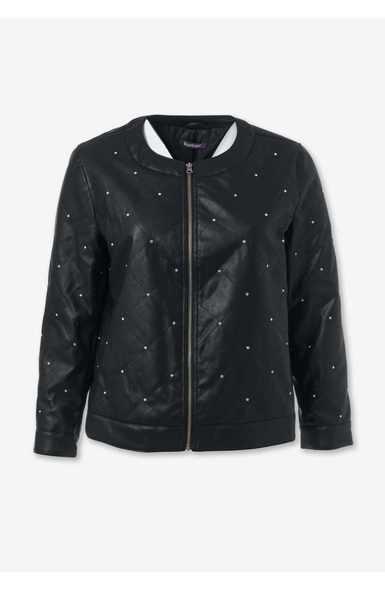 Roaman's Plus Size Studded Faux Leather Bomber, Alternate, color, Black