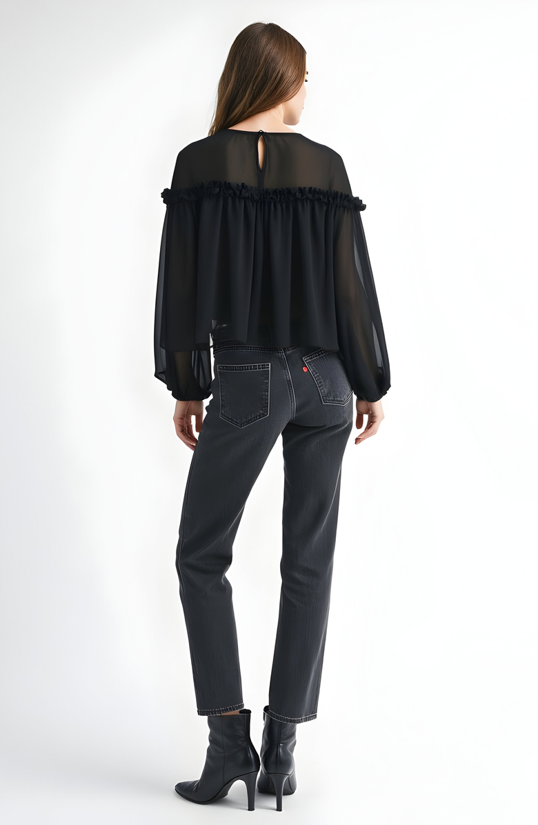 Modenaire Sheer Long Sleeve Blouse with Ruffled Trim and Flowing Silhouette, Alternate, color, Black