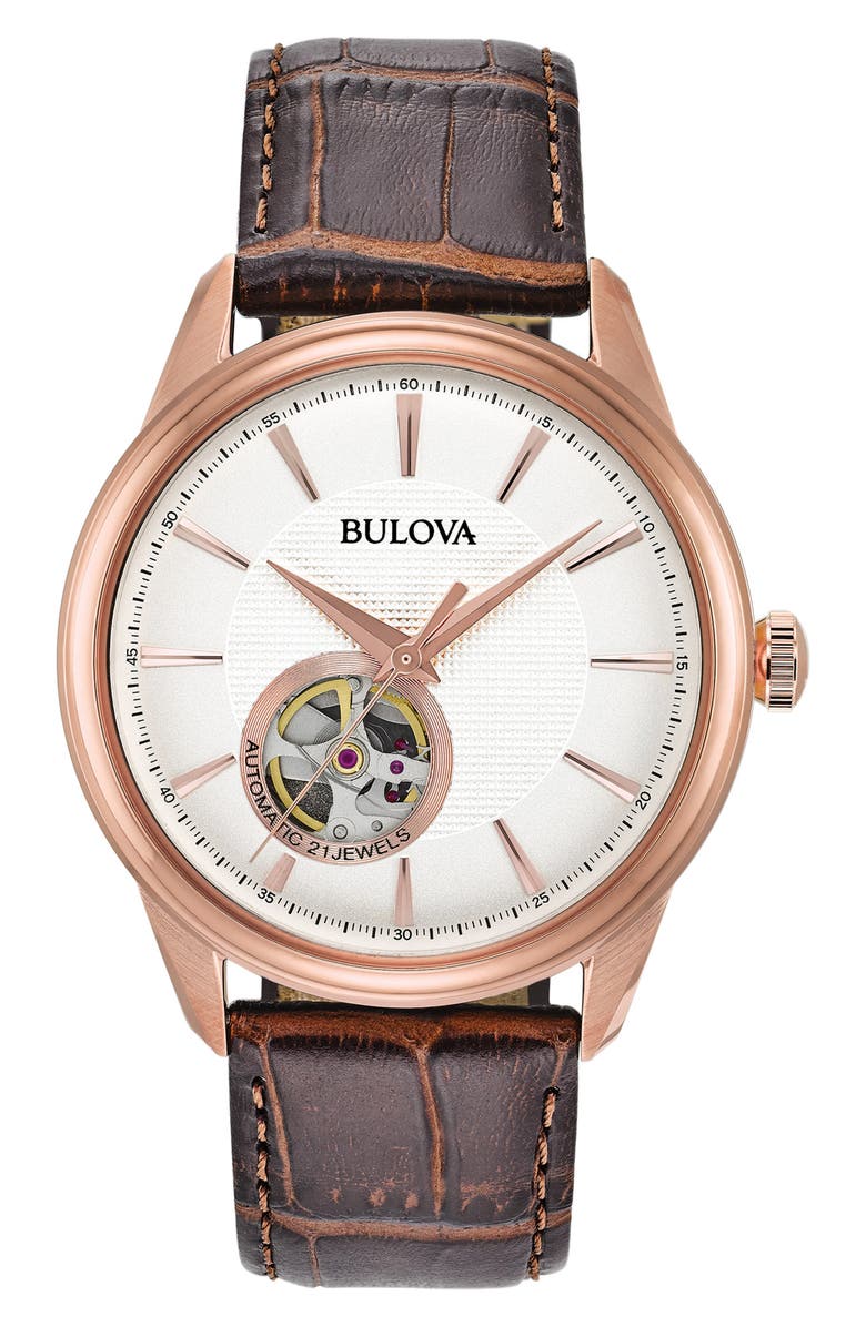 BULOVA 21-Jewels Automatic Leather Strap Watch, 41mm, Main, color, 