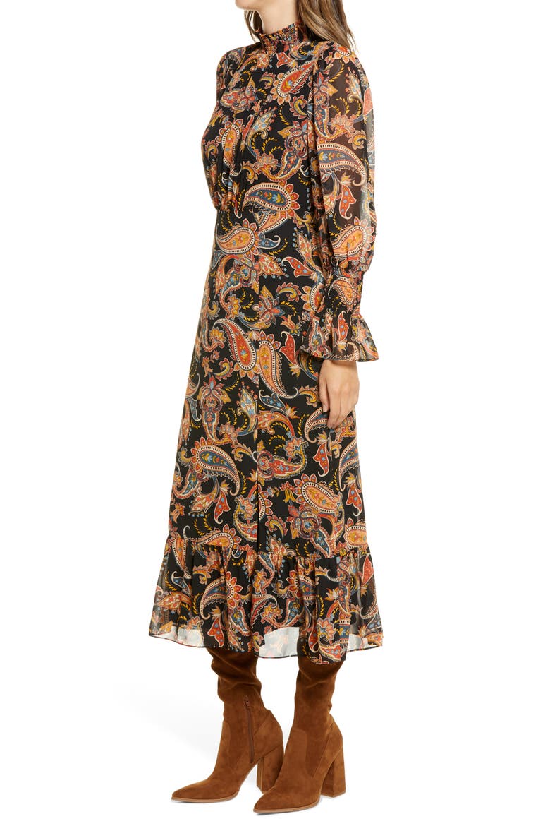 Paisley Long Sleeve Midi Dress, Alternate, color, BLACK/MULT