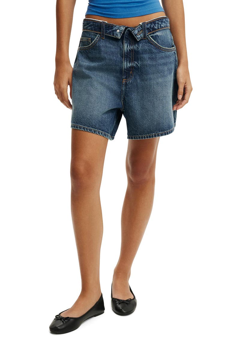 High '90s Foldover Waistband Denim Shorts, Main, color, VIRGO BLUE FOLDOVER