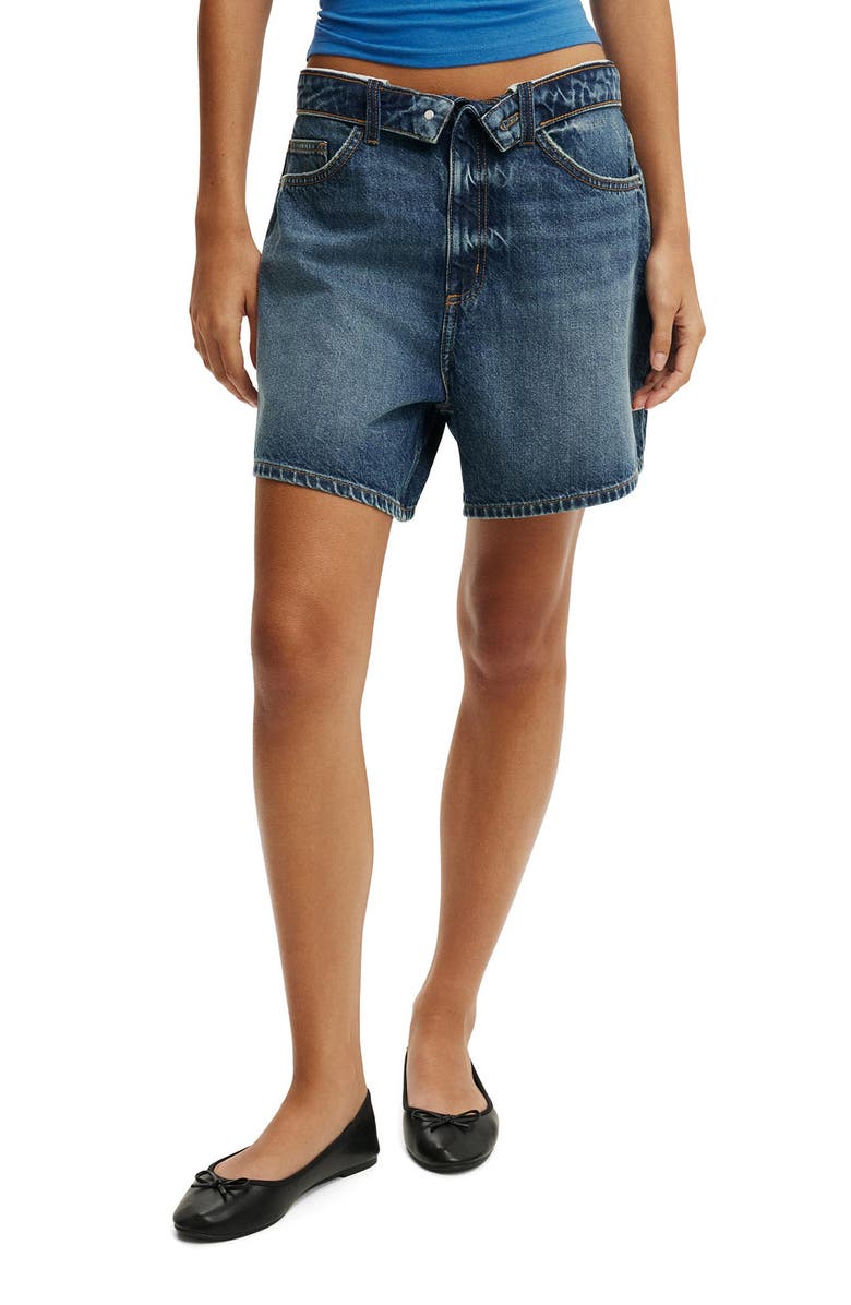Cotton On '90s High Waisr Denim Shorts, Main, color, Virgo Blue Foldover