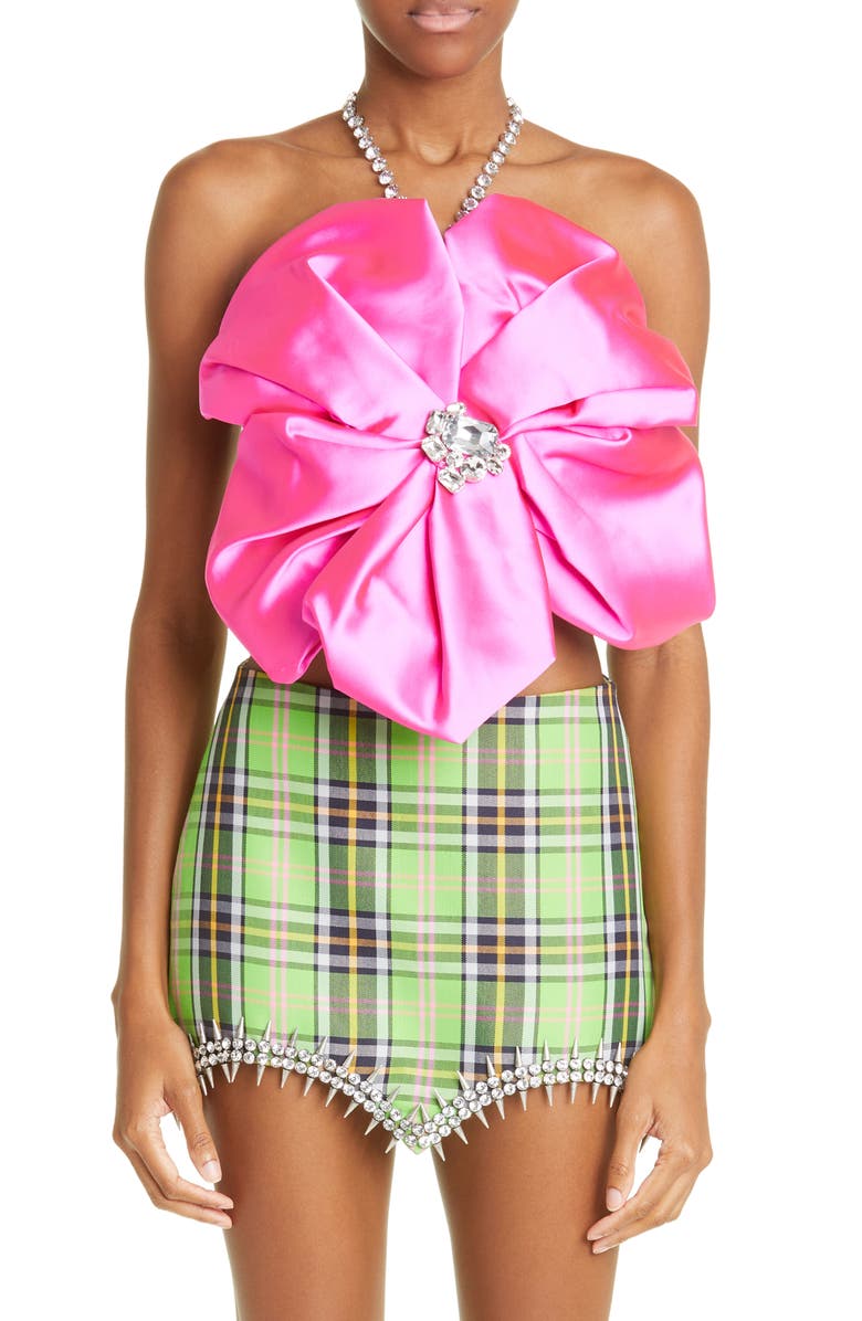 Area Crystal Embellished Satin Rosette Halter Top, Main, color,