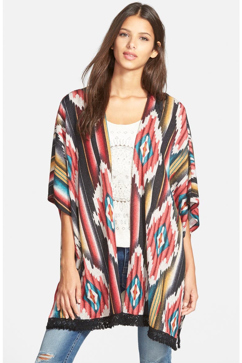 Print Fringe Trim Poncho, Main, color, RED/ BLACK AZTEC